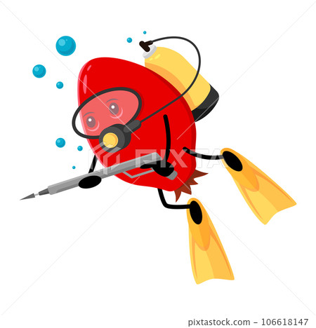 Cartoon rosehip berry character diver hunt with underwater gun at summer getaway. Vector amusing rose hip engaging in scuba diving leisure. Humorous diver food personage relaxing in sea hunting 106618147