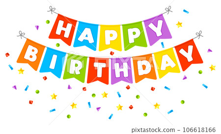 Happy Birthday flags. Party invitation with color garland. 106618166