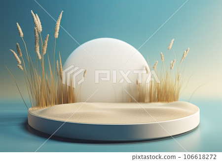 Podium on sand background. Display with sunshade and shadow on the background for cosmetic perfume fashion natural product. Generative AI. 106618272