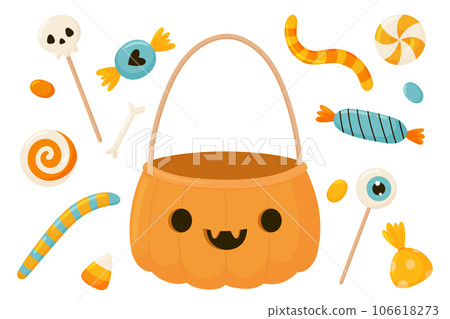 Halloween basket of pumpkins and sweets. Cartoon vector illustration, 106618273