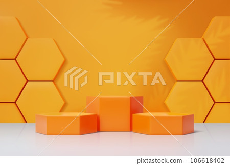 Yellow cosmetics podium with honeycomb. 3d vector realistic platform or pedestal for products presentation in studio. Background with hexagon display for showing honey product. Minimalist stand mockup Yellow cosmetics podium with honeycomb. 3d vector realistic platform or pedestal for products presentation in studio. Background with hexagon display for showing honey product. Minimalist stand mockup 106618402