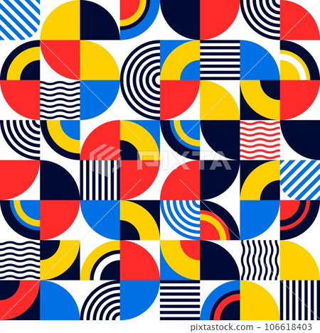 Abstract geometric bauhaus elements seamless pattern background. Vector color shapes ornament of circles, squares, wavy lines and strips. Simple geometric forms mosaic, creative bauhaus pattern Abstract geometric bauhaus elements seamless pattern background. Vector color shapes ornament of circles, squares, wavy lines and strips. Simple geometric forms mosaic, creative bauhaus pattern 106618403