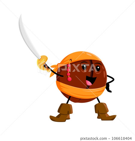 Cartoon macadamia nut pirate or corsair character with saber. Vector delicious nut with hard shell and sweet, creamy flavor. Fearless buccaneer holding sharp sword ready to battle on the high seas Cartoon macadamia nut pirate or corsair character with saber. Vector delicious nut with hard shell and sweet, creamy flavor. Fearless buccaneer holding sharp sword ready to battle on the high seas 106618404