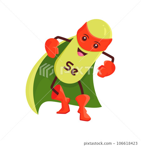 Cartoon selenium superhero micronutrient character. Isolated vector funny Se mineral capsule. Friendly element bubble in super hero cloak and mask ready for feat. Fairytale defender personage Cartoon selenium superhero micronutrient character. Isolated vector funny Se mineral capsule. Friendly element bubble in super hero cloak and mask ready for feat. Fairytale defender personage 106618423