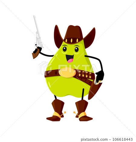 Cartoon pear fruit cowboy, sheriff, ranger and bandit character. Vector robber with gun, Wild west hero in leather hat and boots. Western healthy food, horseman vitamin personage with smiling face Cartoon pear fruit cowboy, sheriff, ranger and bandit character. Vector robber with gun, Wild west hero in leather hat and boots. Western healthy food, horseman vitamin personage with smiling face 106618443