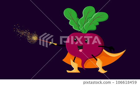 Cartoon Halloween beet vegetable wizard, witch and mage character. Funny vector veggies wiz casting spell with magic stick. Radish sorcerer healthy vitamin food personage for kids menu, book or game 106618459