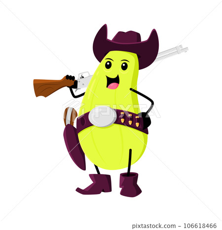 Cartoon squash vegetable funny cowboy, sheriff, robber, bandit and ranger character. Vector funny zucchini veggies wear hat and boots with rifle gun. Isolated fantasy healthy food rancher personage 106618466