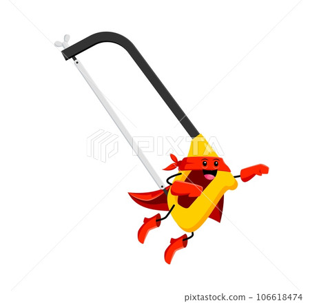 Cartoon hacksaw superhero character. Isolated vector daring comic book defender tool wear super hero costume, swiftly cutting through obstacles and enemies to save the day. Unstoppable brave personage Cartoon hacksaw superhero character. Isolated vector daring comic book defender tool wear super hero costume, swiftly cutting through obstacles and enemies to save the day. Unstoppable brave personage 106618474