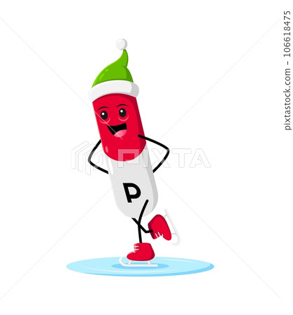 Cartoon Christmas P micronutrient character in green hat, joyfully skating on the ice rink. Isolated vector cheerful Phosphorus capsule personage enjoying Xmas vacation activities and outdoor fun Cartoon Christmas P micronutrient character in green hat, joyfully skating on the ice rink. Isolated vector cheerful Phosphorus capsule personage enjoying Xmas vacation activities and outdoor fun 106618475