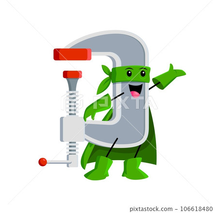 Cartoon clamp or vise superhero character. Isolated vector powerful tool defender with super strength. He secures justice with his unbreakable grip, immobilizing villains and ensuring safety of city 106618480