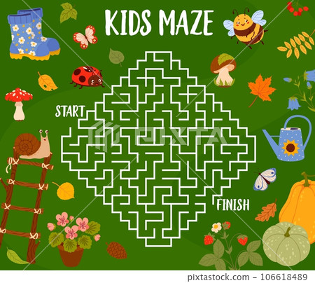 Labyrinth maze with autumn leaves, animals, plants and garden tools. Kids vector board game worksheet with mushroom, snail, ladybug and butterfly. Potted flower, ladder, strawberry and rubber boots 106618489