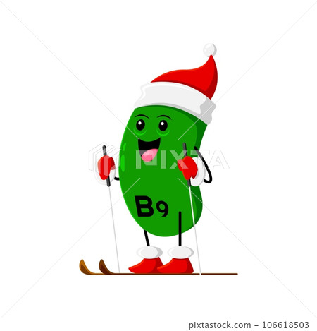 Cartoon Christmas vitamin B9 character skiing. Isolated vector Folic acid micronutrient element bubble personage wear red Santa Claus hat engage in joyful holiday activities, winter sport and snow fun Cartoon Christmas vitamin B9 character skiing. Isolated vector Folic acid micronutrient element bubble personage wear red Santa Claus hat engage in joyful holiday activities, winter sport and snow fun 106618503