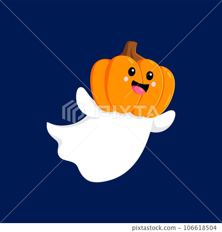 Cartoon Halloween kawaii ghost with pumpkin mask on head, vector funny boo character. Halloween horror holiday and trick or treat party funny cheerful cute ghost with scary pumpkin for kids event 106618504