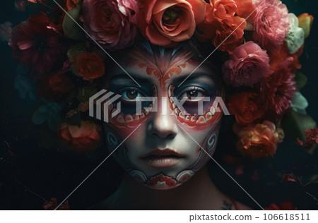Portrait of a woman with sugar skull makeup over dark background. Halloween costume and make-up. Portrait of Calavera Catrina. Generative AI. 106618511