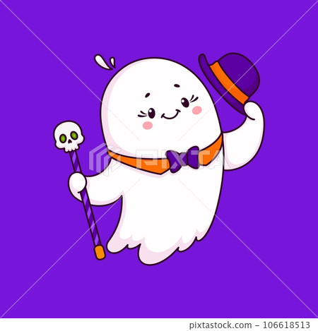 Cartoon Halloween kawaii cute ghost character dons a stylish bowl hat, a bow tie, and carries a dapper walking cane with skull. Adorable vector spook ready to haunt the party with cuteness and charm 106618513