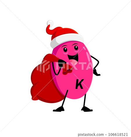 Cartoon Christmas vitamin K character dons a Santa hat, with a gift bag. Isolated vector cheerful Phytonadione Noel micronutrient capsule personage prepare healthy nutrient presents for Xmas holiday Cartoon Christmas vitamin K character dons a Santa hat, with a gift bag. Isolated vector cheerful Phytonadione Noel micronutrient capsule personage prepare healthy nutrient presents for Xmas holiday 106618521