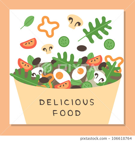 Healthy salad bowl, delicious food poster, flat vector illustration. Healthy salad bowl, delicious food poster, flat vector illustration. 106618764