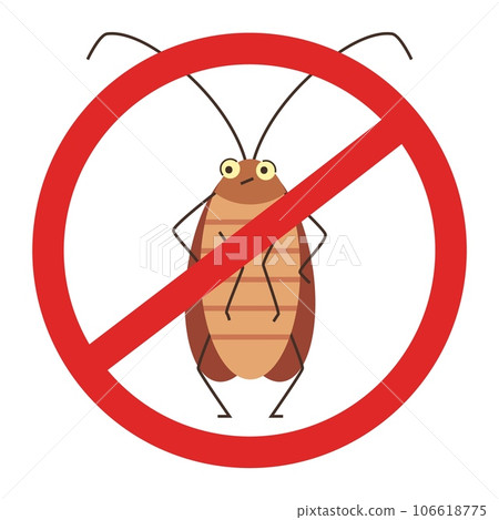 Funny cockroach under crossed red sign, flat vector illustration isolated on white background. 106618775