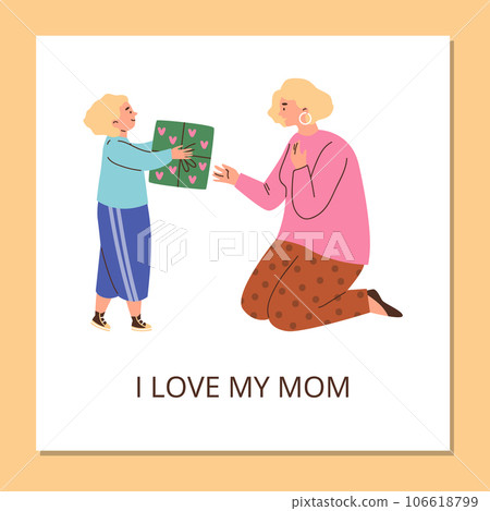 Squared banner with kid girl giving gift box to surprised mother flat style Squared banner with kid girl giving gift box to surprised mother flat style 106618799