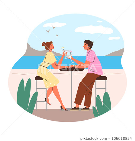 Romantic enamored couple at restaurant table drink cocktail, traveling on tropic island in honeymoon vector illustration Romantic enamored couple at restaurant table drink cocktail, traveling on tropic island in honeymoon vector illustration 106618834