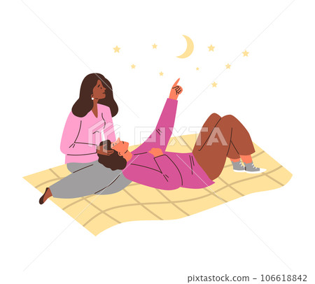 Happy amorous couple looking at starry night sky with moon, admiring man and woman, vector romantic honeymoon together 106618842