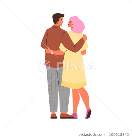 Young enamored couple hugging, back view, love relationship and tenderness, cartoon vector characters in honeymoon 106618843