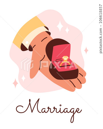 Men's hand holds an open box with a wedding ring and diamond, marriage proposal, wedding, engagement vector illustration Men's hand holds an open box with a wedding ring and diamond, marriage proposal, wedding, engagement vector illustration 106618857