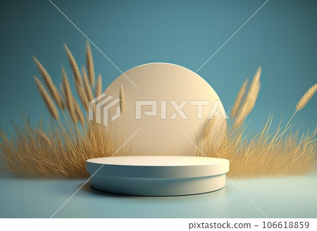 Podium on sand background. Display with sunshade and shadow on the background for cosmetic perfume fashion natural product. Generative AI. 106618859