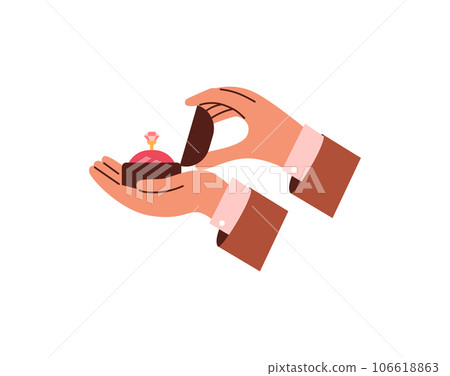 Hand holds engagement ring with pink stone or diamond, flat vector illustration isolated on white background. Hand holds engagement ring with pink stone or diamond, flat vector illustration isolated on white background. 106618863