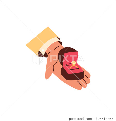 Hand holding box with golden diamond ring, marriage proposal - flat vector illustration isolated on white background. 106618867