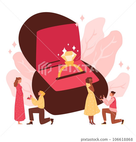 Open box with a wedding ring and diamond, men stands on knee marriage proposing to women, vector wedding, engagement Open box with a wedding ring and diamond, men stands on knee marriage proposing to women, vector wedding, engagement 106618868