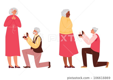 Elderly men proposing to their girlfriends, flat vector illustration isolated on white background. 106618869