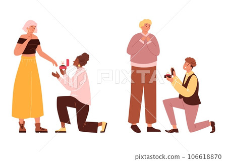 Marriage proposal surprise, homosexual couples, vector romantic partner stands on knee proposing with engagement ring Marriage proposal surprise, homosexual couples, vector romantic partner stands on knee proposing with engagement ring 106618870