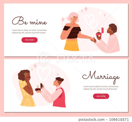 Marriage proposal web banners set, flat vector illustration. Marriage proposal web banners set, flat vector illustration. 106618871