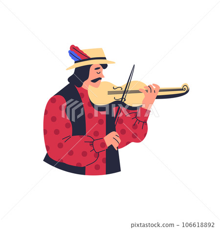 Gypsy man in bright clothes and hat playing violin flat style, vector illustration 106618892