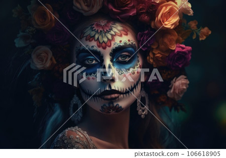 Portrait of a woman with sugar skull makeup over dark background. Halloween costume and make-up. Portrait of Calavera Catrina. Generative AI. 106618905