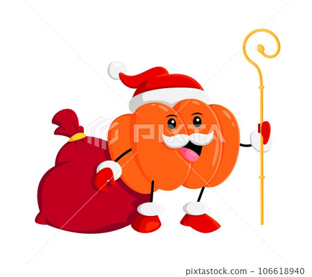 Cartoon pumpkin vegetable character with gifts bag. Christmas celebration funny veggie vector personage, winter holiday season cheerful vegetable, cute pumpkin in Santa Claus costume and scepter Cartoon pumpkin vegetable character with gifts bag. Christmas celebration funny veggie vector personage, winter holiday season cheerful vegetable, cute pumpkin in Santa Claus costume and scepter 106618940