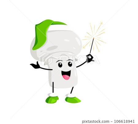 Cartoon champignone mushroom vegetable character. Christmas holiday, merry Xmas or happy New Year vector cheerful vegetable personage. Winter season celebration cute mushroom character with sparkler 106618941