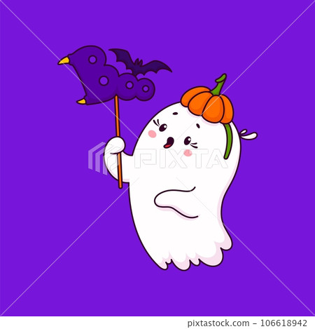 Cartoon Halloween kawaii cute ghost character with boo banner and pumpkin headwear. Isolated vector adorable baby spook with rosy cheeks and a playful expression radiating a charming and friendly aura 106618942