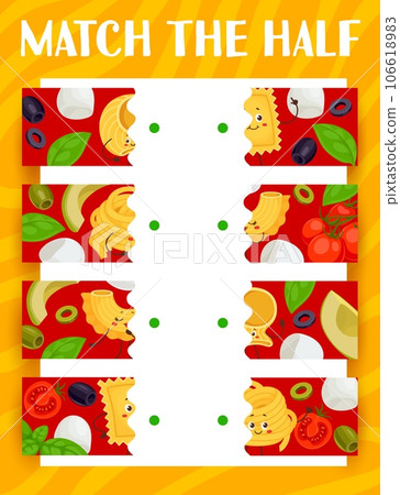 Match the half of cartoon funny italian pasta characters. Vector game worksheet with separated pieces of lumaconi giganti, ravioli, spaghetti and creste cute macaroni Italy cuisine food personages 106618983