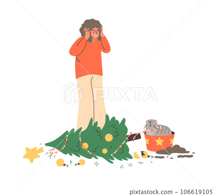 Woman frustrated from pet mess, cat knocked over Christmas tree, scattered decorations, vector disorder from grey kitten 106619105