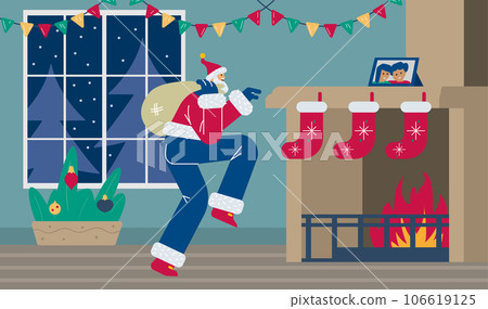 Secret Santa Claus sneaks on tiptoe with a huge bag of gifts in the room with fireplace vector cartoon illustration 106619125