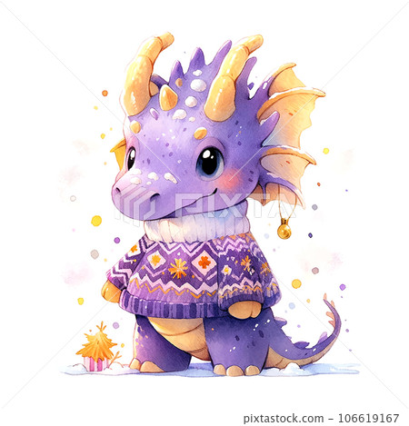 Cute christmas purple dragon in watercolor style on red background Cute christmas purple dragon in watercolor style on red background 106619167