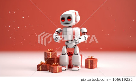 White, modern robot with New Year and Christmas gifts on a plain background. AI generated 106619225