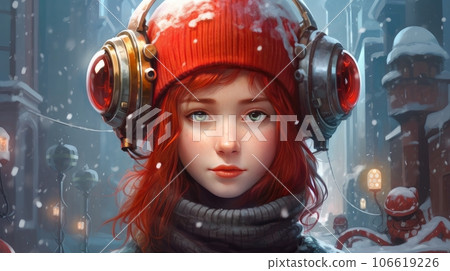 Portrait of a young girl with red hair in an astronaut helmet. New Year's and Christmas.AI generated Portrait of a young girl with red hair in an astronaut helmet. New Year's and Christmas.AI generated 106619226