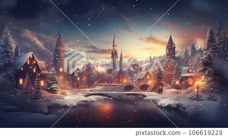 New Year's landscape with snow-covered houses and Christmas trees on Christmas Eve. AI generated New Year's landscape with snow-covered houses and Christmas trees on Christmas Eve. AI generated 106619228