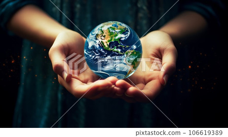 Human hands holding planet earth. Ecology, and environment concept. Closeup shot of hands carrying our bright miniature globe. Person in a studio holding the world in arms. Care for the planet. 106619389