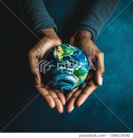 Human hands holding planet earth. Ecology, and environment concept. Closeup shot of hands carrying our bright miniature globe. Person in a studio holding the world in arms. Care for the planet. Human hands holding planet earth. Ecology, and environment concept. Closeup shot of hands carrying our bright miniature globe. Person in a studio holding the world in arms. Care for the planet. 106619390