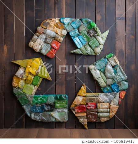Recycling symbol made of reused plastic waste. Recycling symbol made of plastic bottles. Ecology and environment concept. Green figure of recycling sign made of reused plastic pollution. 106619413