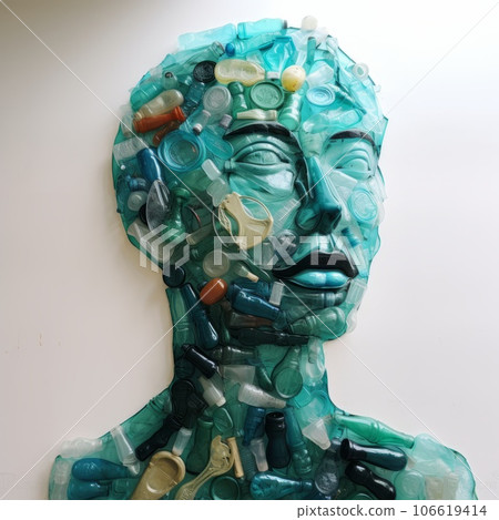 Close-up of the face of a woman, made of plastic bottles. The head of a person that is made of plastic. Ecology and environment concept. Sculpture of a human head made of plastic waste. 106619414